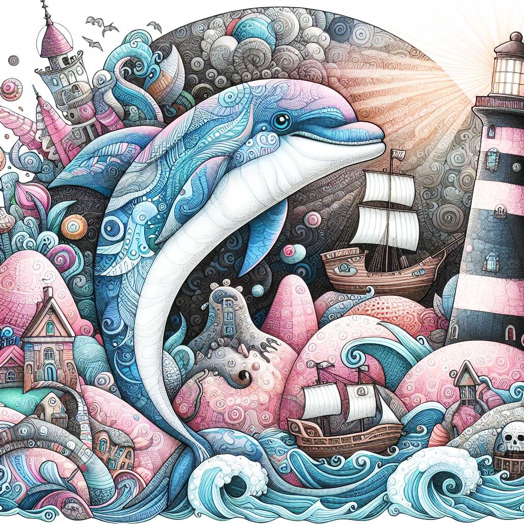 Patterned dolphin riding on tall curly waves. There is a lighthouse & pirate ships.