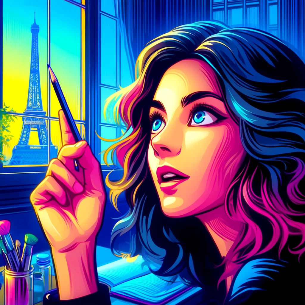 Marie realizes something sitting at her desk with the Eiffel Tower outside the window.
