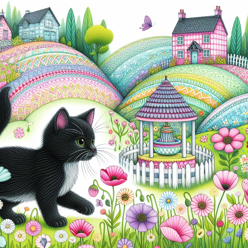 Black kitten on tall patterned hills with daisies & poppies. There are little cottages on hills. There is a big colourful wishing well & pond.