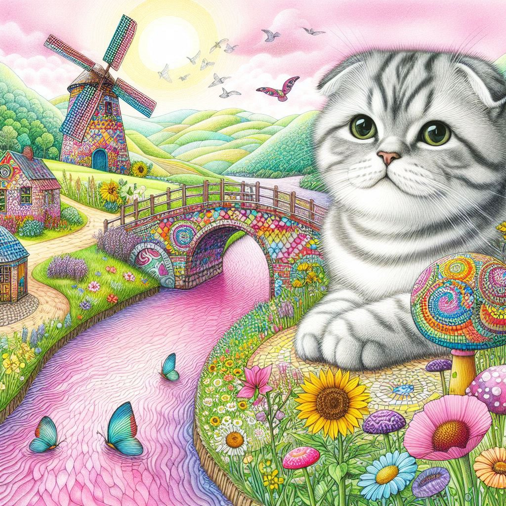 A SCottish Fold CAt is a popular breed of cat & this oversized one looks at home beside a pink river. There are hills, birds, butterflies, flowers, houses, a little bridge & a windmill.