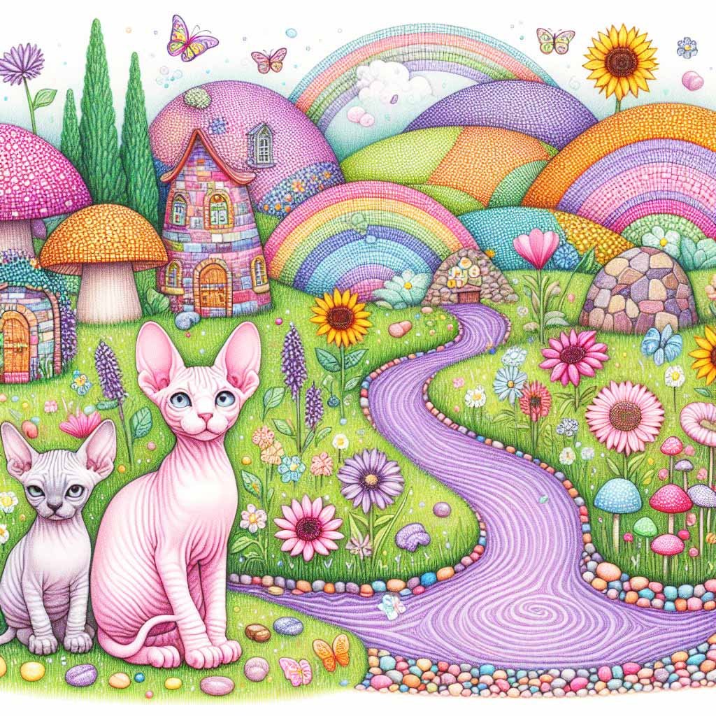 Two Sphynx cats beside a purple lake, with colourful hills & flowers.