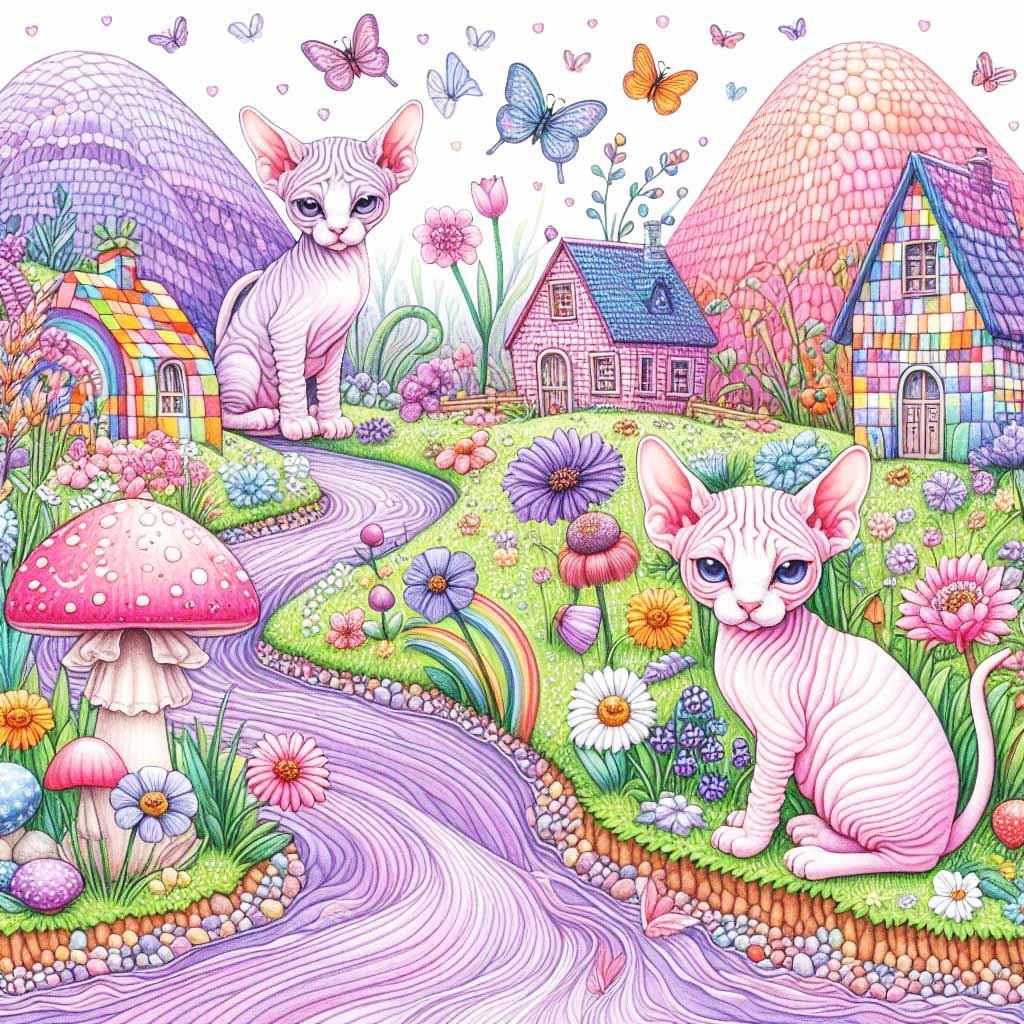 Two Sphynx cats beside a purple lake, with colourful hills & flowers.