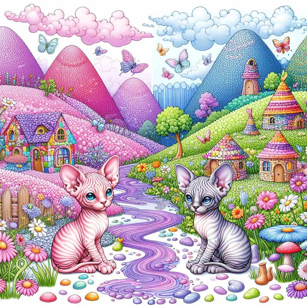 Two Sphynx cats beside a purple lake, with colourful hills & flowers.
