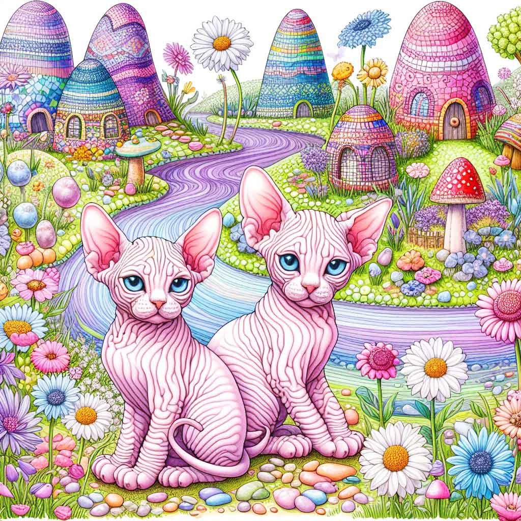 Two Sphynx cats beside a purple lake, with colourful hills & flowers.