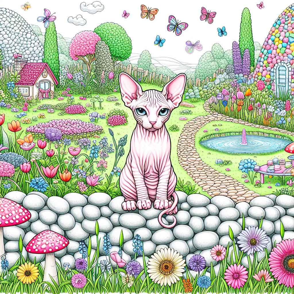 Sphynx on a pebble wall with flowers & butterflies.
