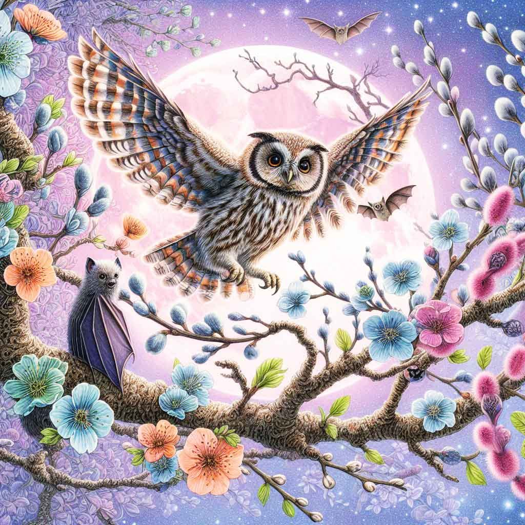 .Beautiful Owl with pussy willow, bluebells & bats. Full moon with a pink background.