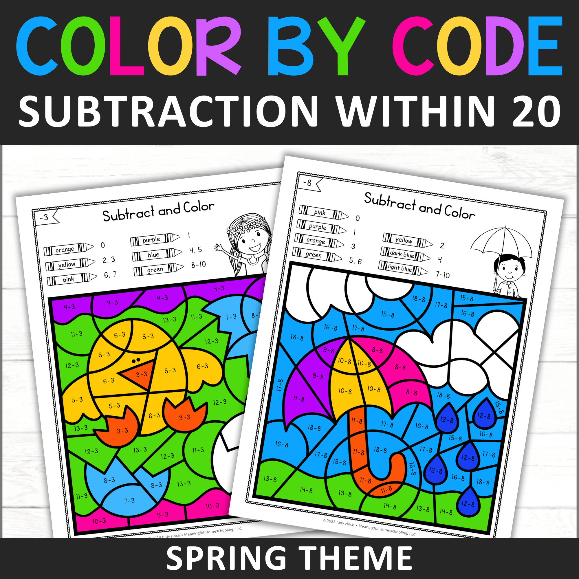 Spring Color by Code Subtraction Worksheets