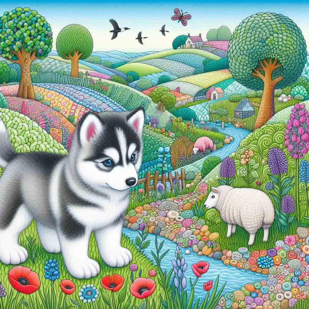 Beautiful Siberian Husky pup on patterned hills beside a big pond. There are flowers, cottages & sheep.  AI