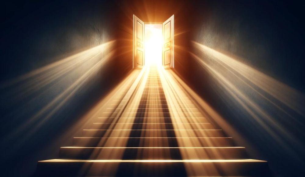 An upward staircase leading to a bright, open doorway, symbolizing the journey of progress and growth toward wholeness. Each step of the staircase rep