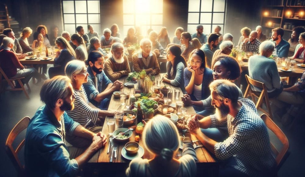 A diverse group of people gathered around a table, engaged in meaningful conversation and fellowship. The scene represents the importance and richness