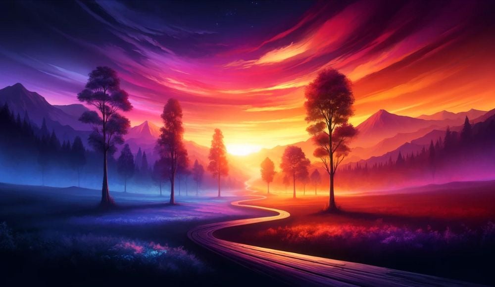 A sunset scene with vibrant hues of orange, pink, and purple, casting a warm glow over a tranquil landscape. In the foreground, silhouettes of trees s