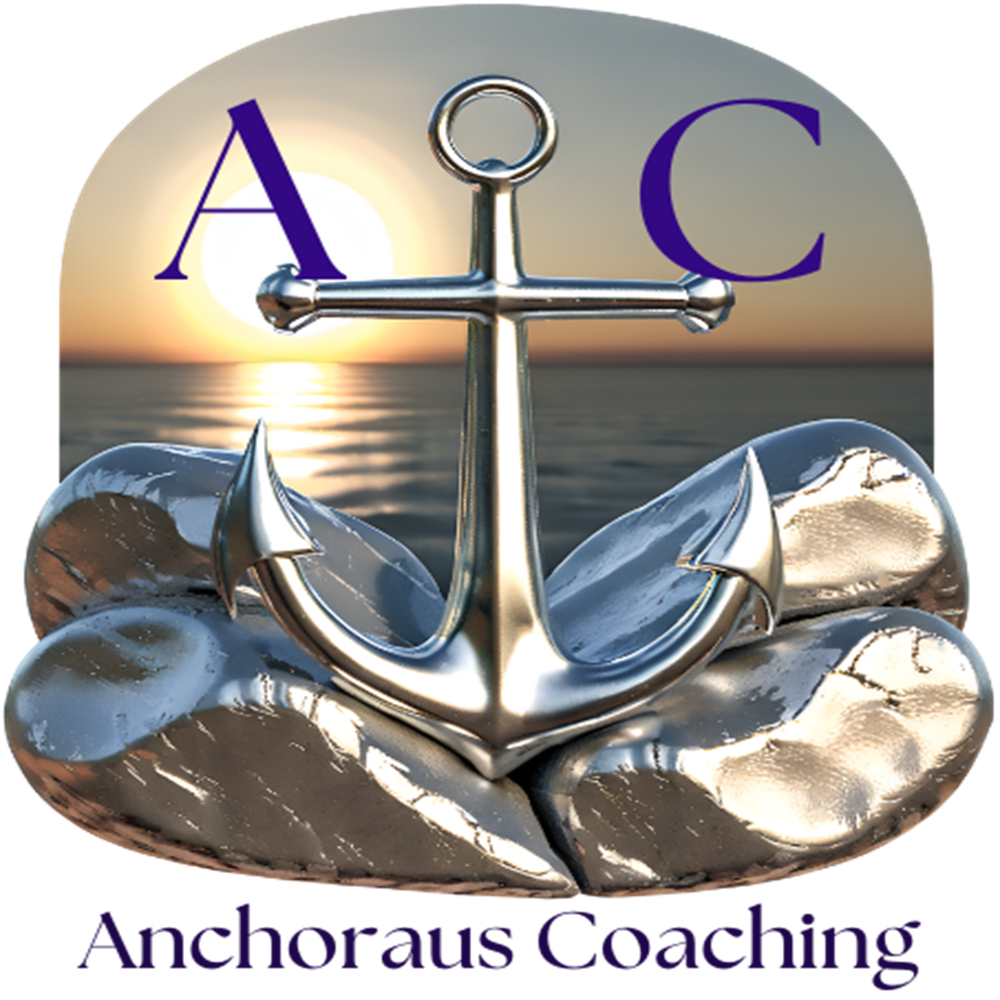 Anchoraus Coaching Badge-Logo Silver rocks with and calm ocean background at sunrise.anchor on