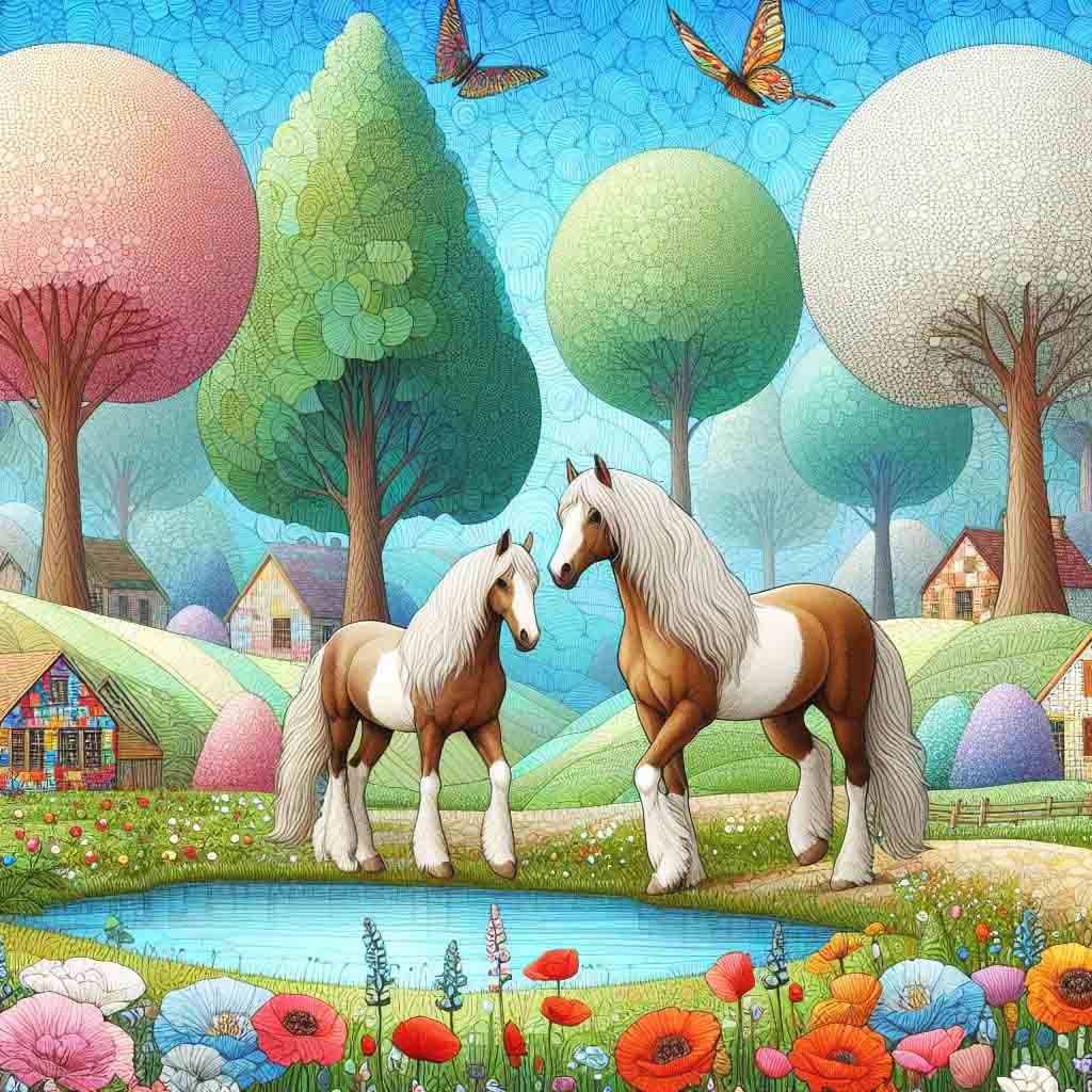 Beautiful horses near a blue lake with hills, cottages, trees & flowers.