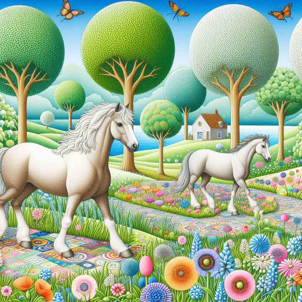 Beautiful horses near a blue lake with hills, cottages, trees & flowers.