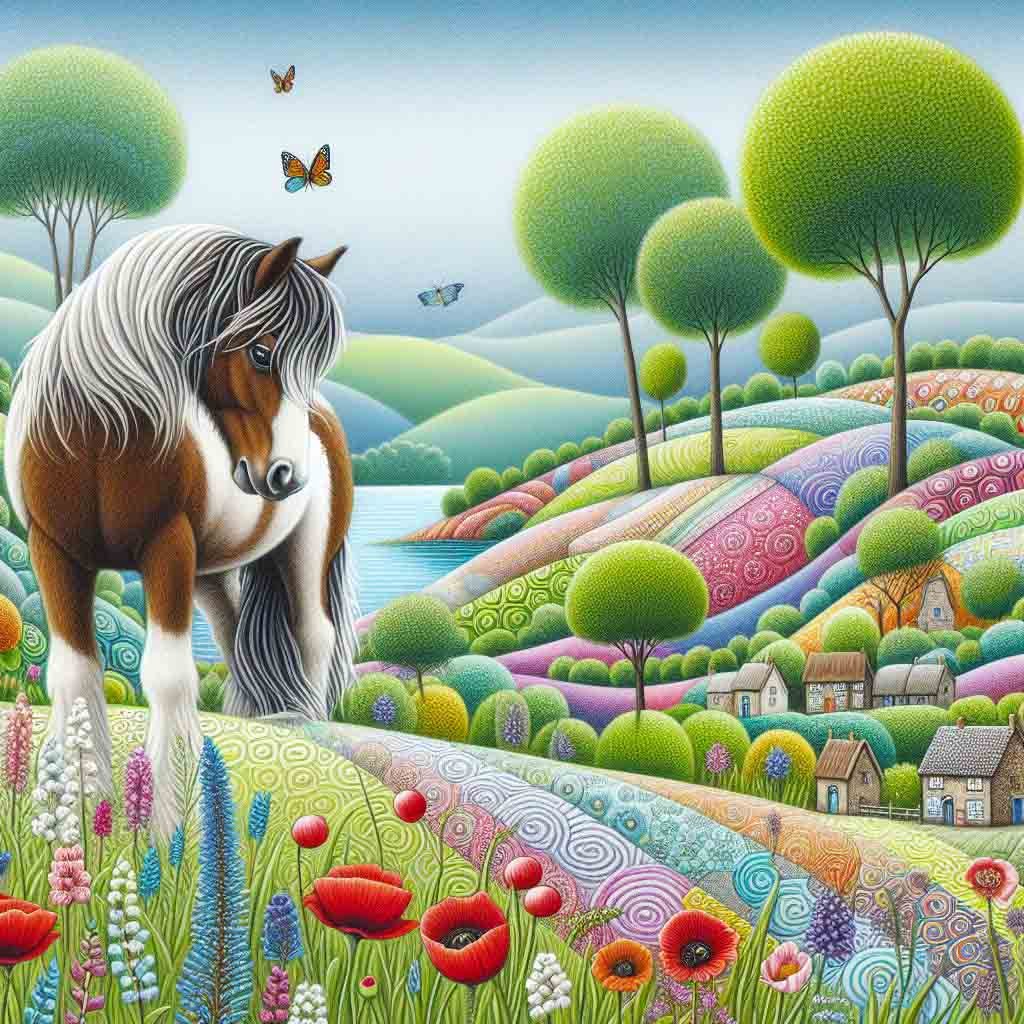 .Beautiful horses near a blue lake with hills, cottages, trees & flowers.  AI Art Designed by Liza444.