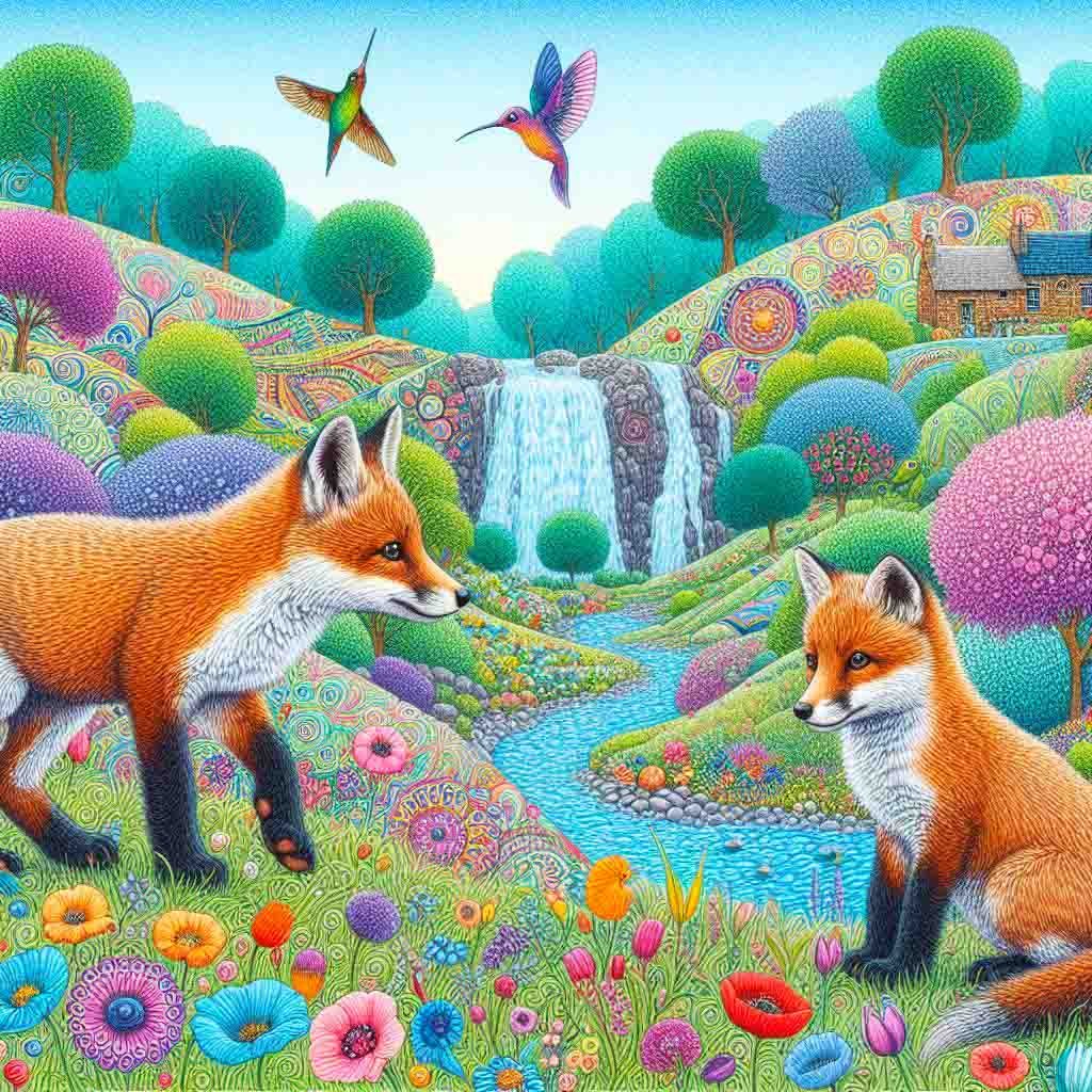 Foxes on patterned fields with a river, waterfall, trees, flowers humming birds.