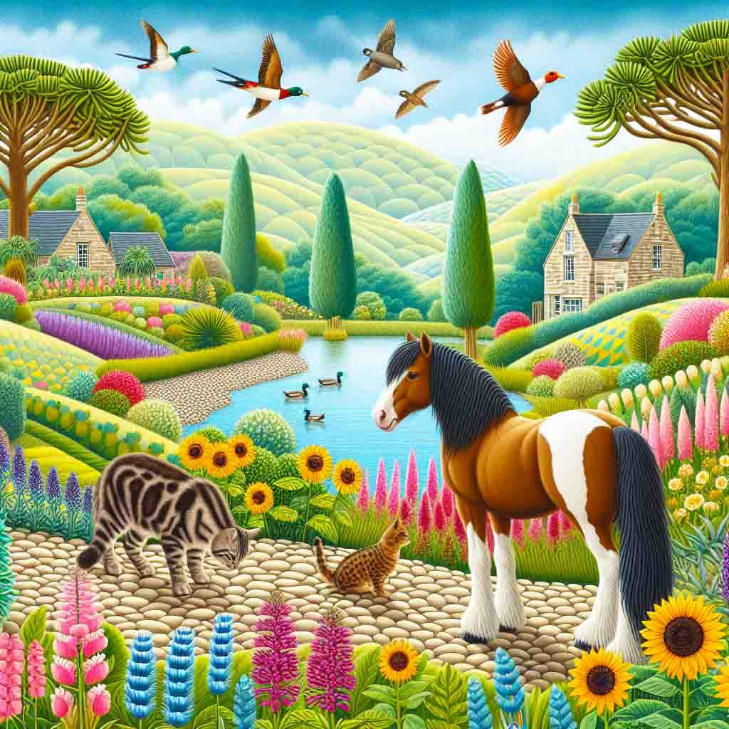 Beautiful horses beside a lake with ducks. There are trees, flowers & shrubs.  AI Art Designed by Liza444.