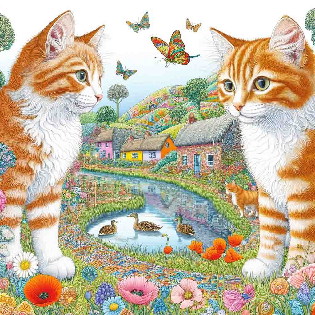 Ginger & white cats in a field of flowers, little cottages, a pond, ducks & butterflies., cat, cats, houses, poppies, flowers, cottages.