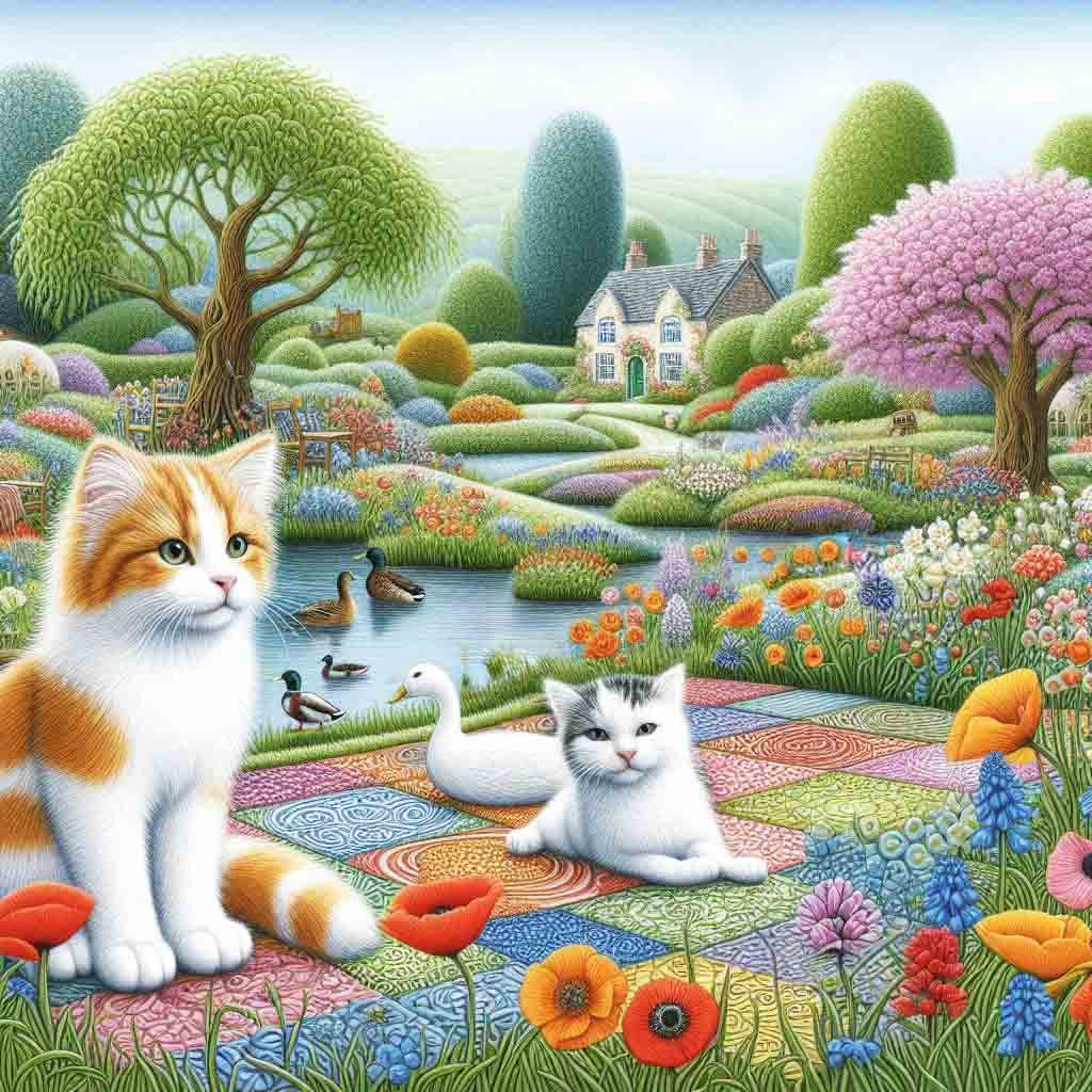 Ginger & white cats in a field of flowers, little cottages, a pond, ducks & butterflies.  AI Art, cat, cats, kitten, kittens, trees