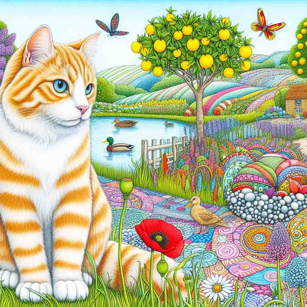 Ginger & white cat on by a pond with ducks with trees & flowers & butterflies.