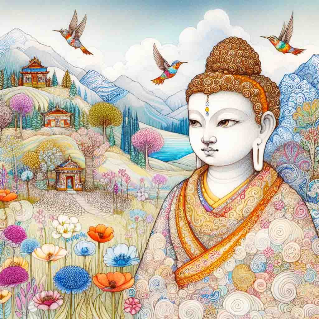 Beautiful child Buddha beside a lake with mountains, trees, flowers & humming birds.  AI Art, buddha, buddhas, spiritual, mountains, birds