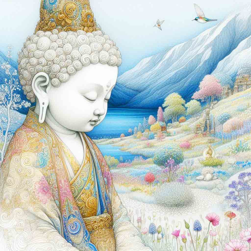 .Beautiful child Buddha beside a lake with mountains, trees, flowers & humming birds.  AI Art, buddha, spiritual, young buddha, mountains,