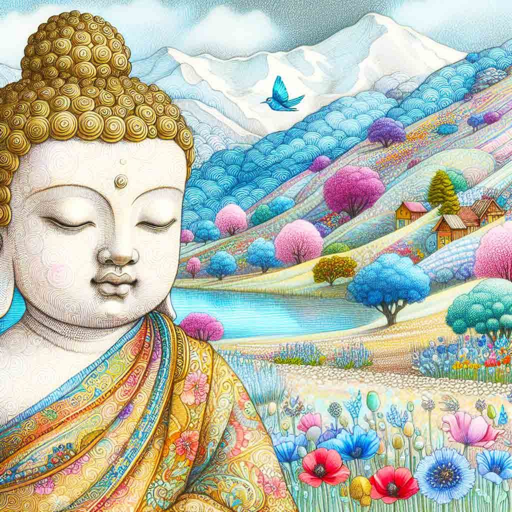 Beautiful child Buddha beside a lake with mountains, trees, flowers & humming birds.  AI Art, buddha, spiritual, buddha child, trees, forest, lake, art, wallpapers