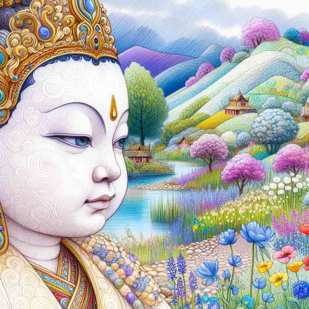 Beautiful child Buddha beside a lake with mountains, trees, flowers & humming birds.  AI Art, buddha, bhudist, buddha child, spiritual, art, wallpapers