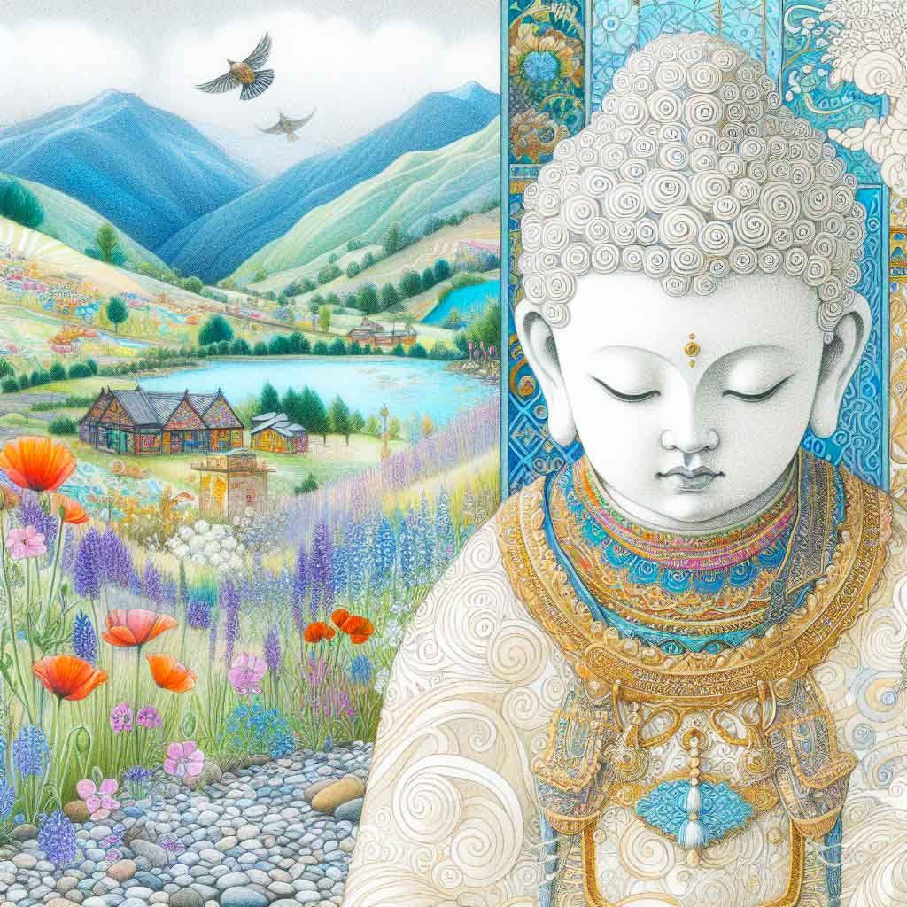 Beautiful child buddha with patterned mountains, a lake, flowers, trees & humming birds.  AI Art, buddha, buddha child, spiritual, art