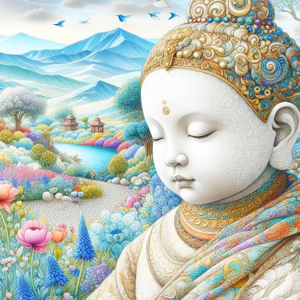 Beautiful child buddha with patterned mountains, a lake, flowers, trees & humming birds.  AI Art, buddha, buddhas, buddha child, art, wallpapers