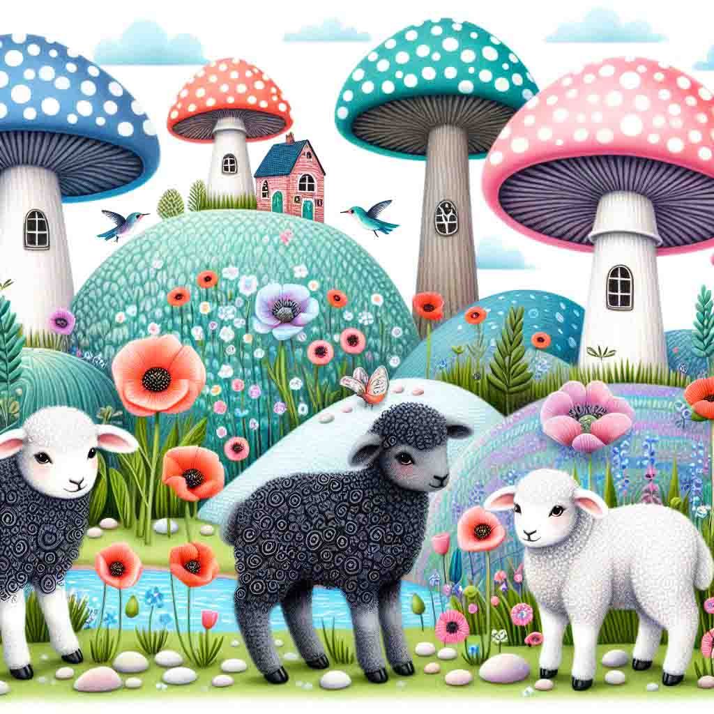 Whimsical world of sheep & lambs on hills with mushroom houses & ponds. AI Art, lambs, sheep, whimsical, art, wallpapers