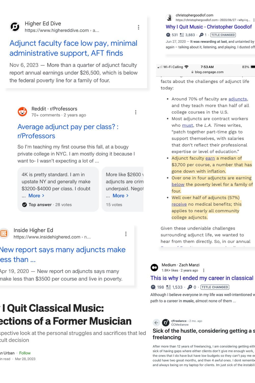 Headlines about adjunct teaching rates and quitting classical music