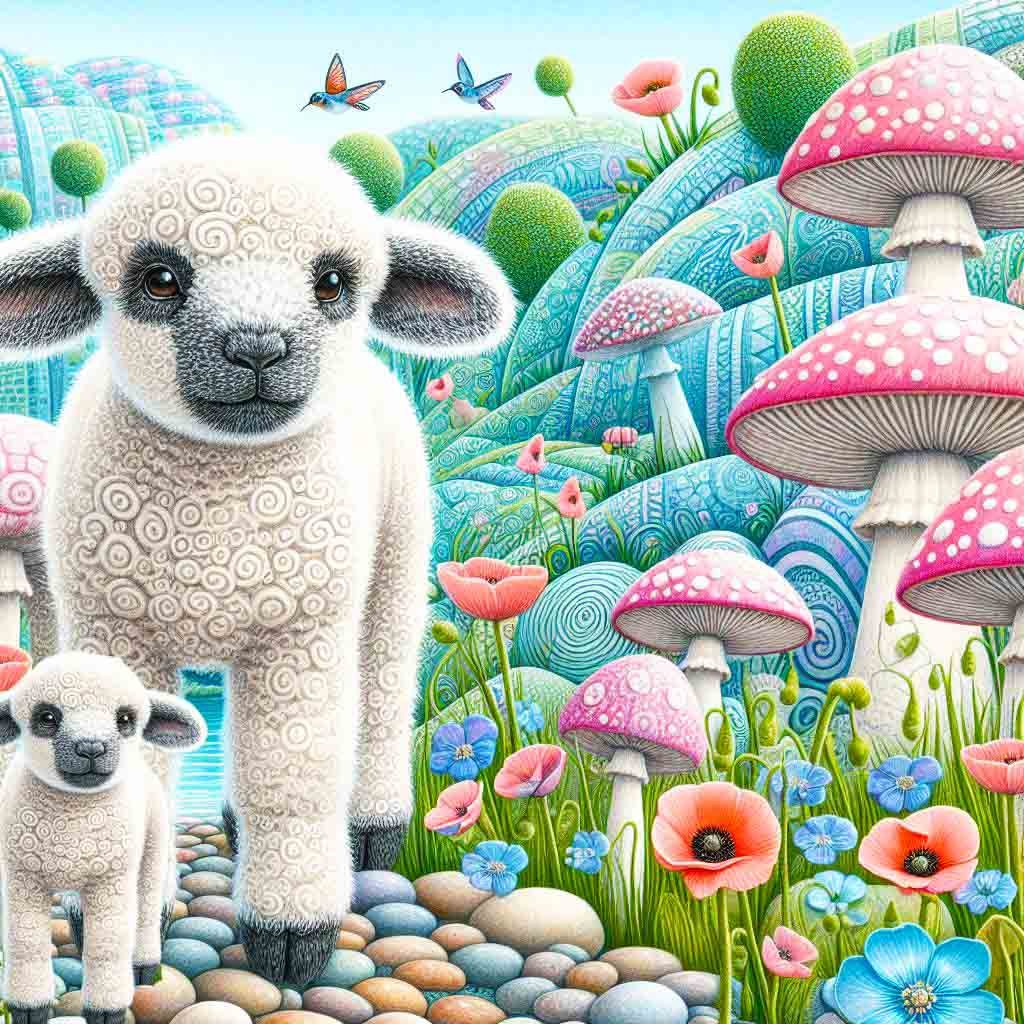 Whimsical world of lambs on hill and colourful mushroom houses. AI Art Designed by Liza444