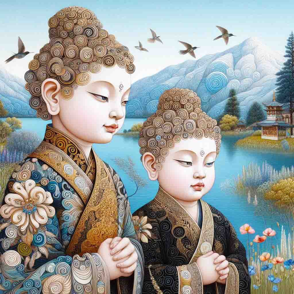 Two beautiful Buddha boys beside a blue lake with flowers, mountains, & humming birds.  AI Art,buddha, buddha child, buddha boys, spiritual, art, wallpapers
