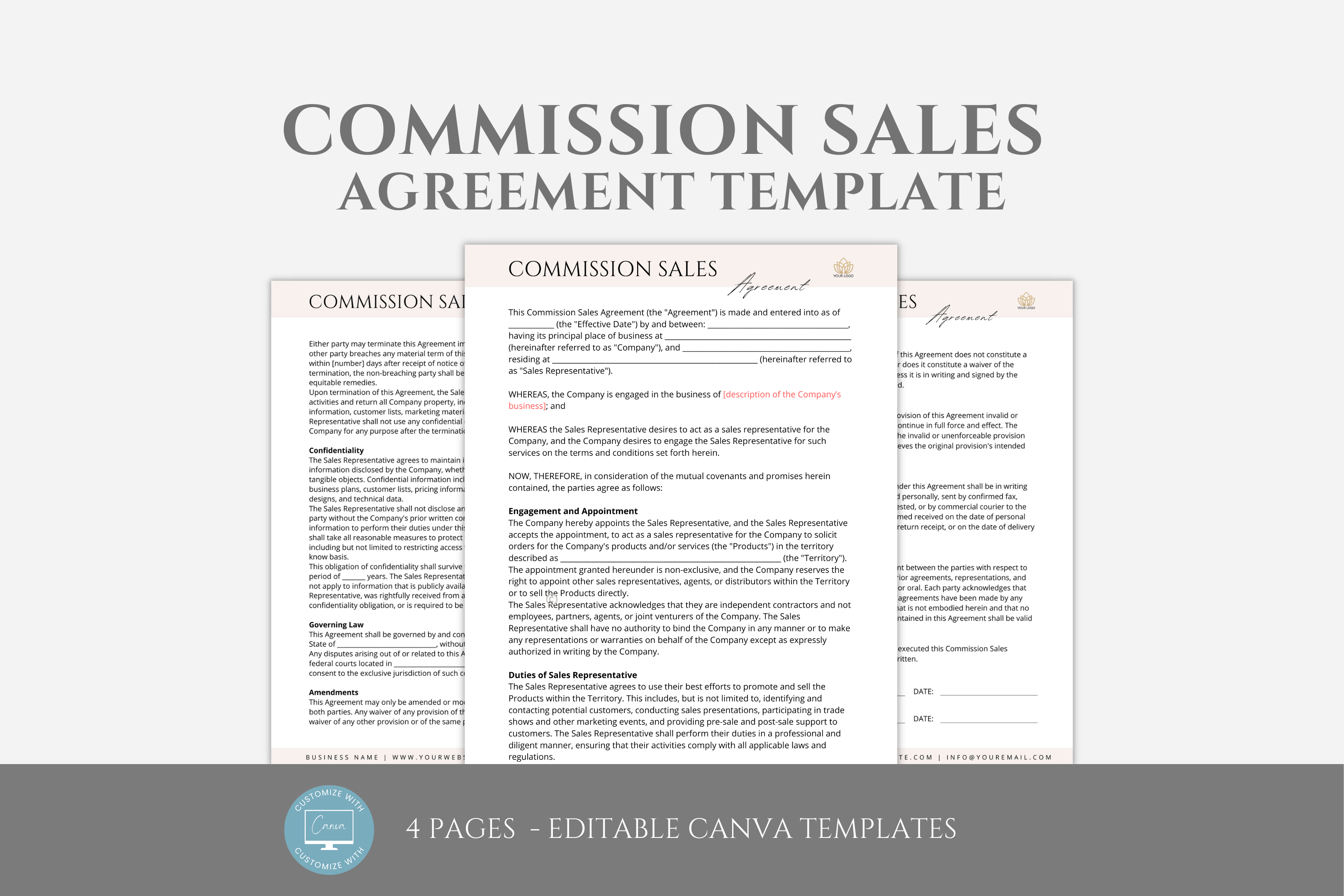 Editable Commission Sales Agreement Template, Commission Contract Form ...
