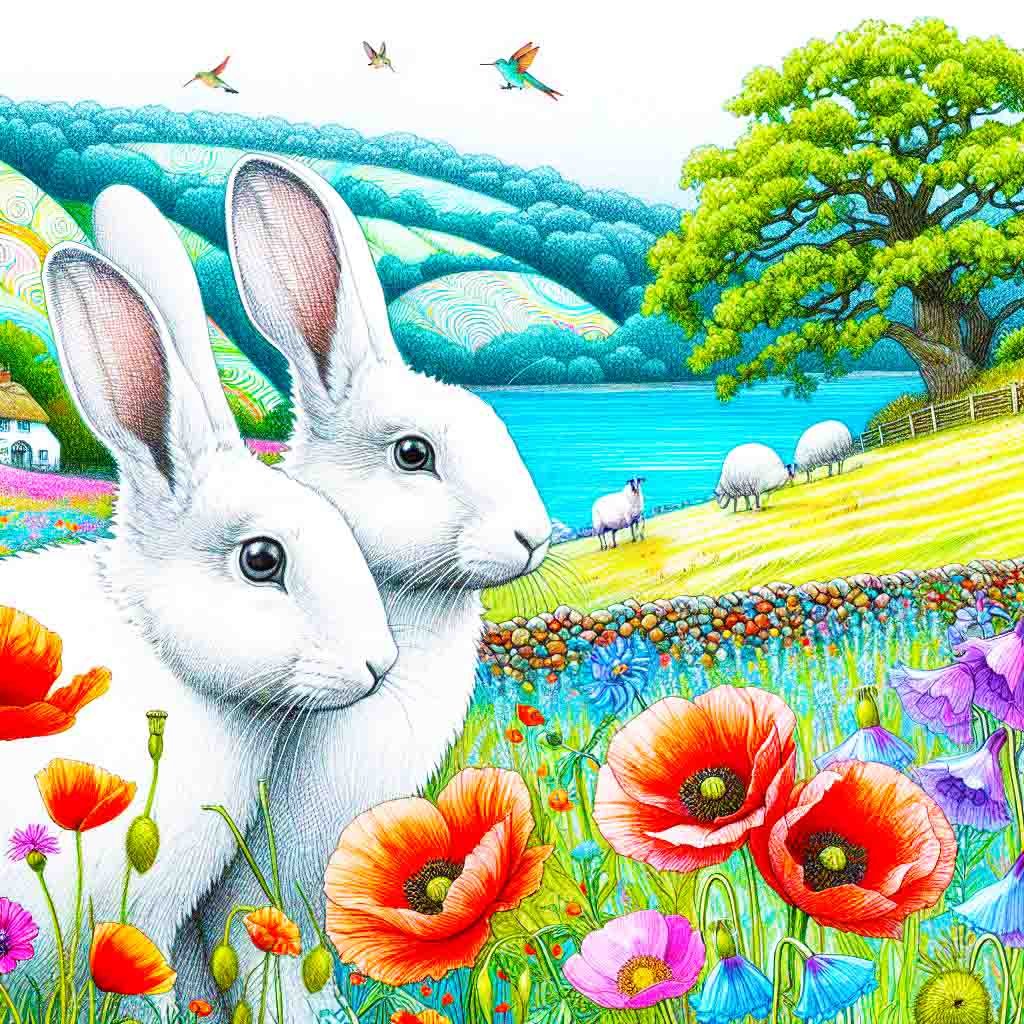 Whimsical giant white rabbits in a meadow by a lake. There are trees, flowers & sheep.  AI Art, rabbit, art, wallpapers