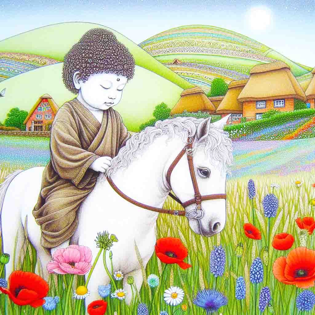 Young Buddha child with his horse, walking through flowers. There is a lake and high hills. AI Art, buddhas, buddha child, horses, wallpapers