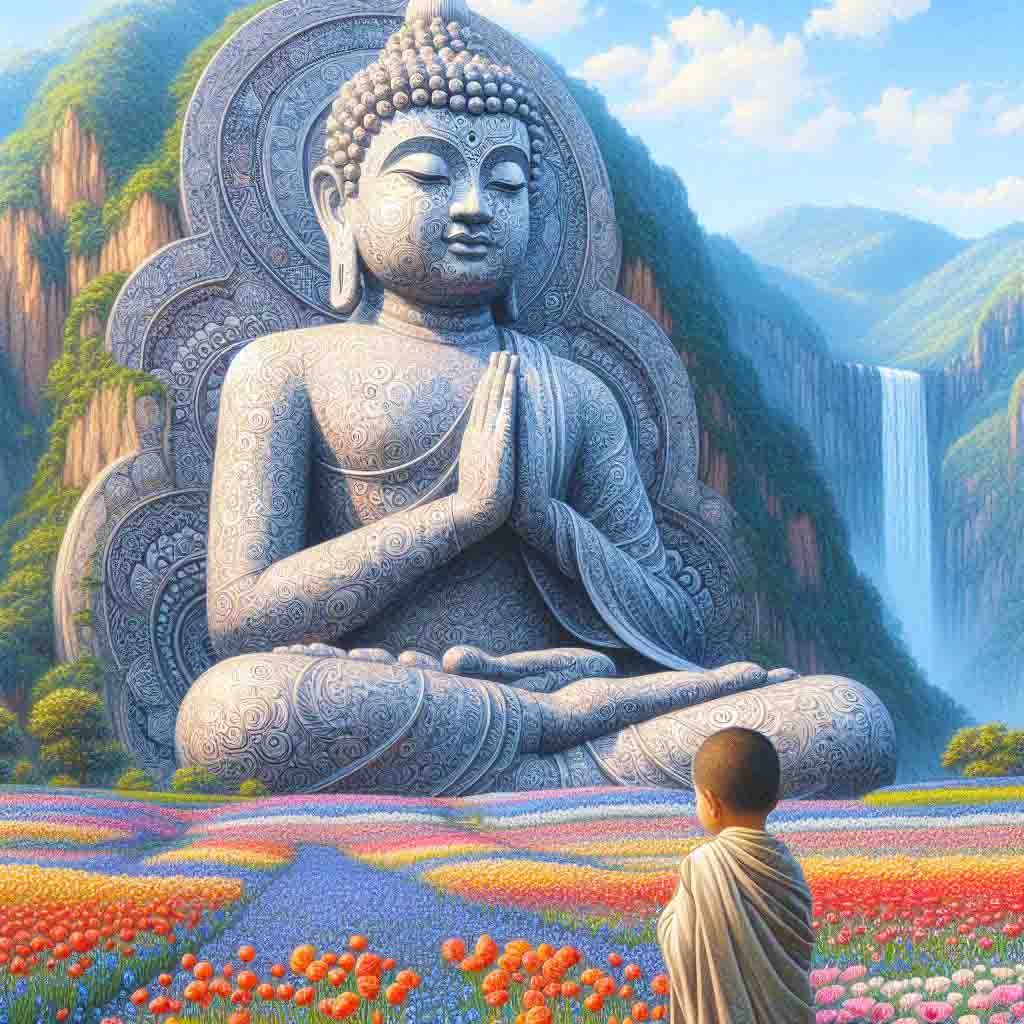 A giant sized Buddha statue against a beautiful backdrop of mountains. There are rows of colourful poppies & bluebells, trees & a young Buddha child.  AI Art, buddha, spiritual, mountains, pray, wallpapers