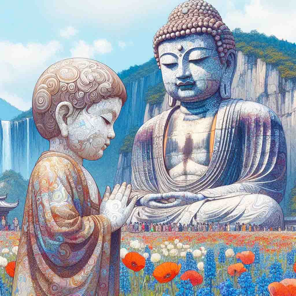 A giant sized Buddha statue against a beautiful backdrop of mountains. There are rows of colourful poppies & bluebells, trees & a patterned young Buddha child. spiritual, mountains, pray, wallpapers