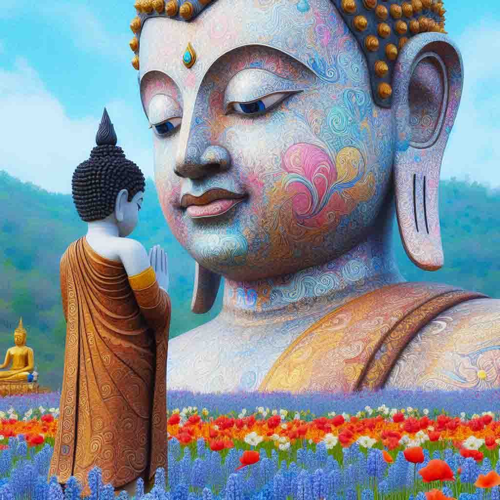.A giant sized Buddha statue against a beautiful backdrop of mountains. There are rows of colourful poppies & bluebells, trees & a patterned young Buddha child. AI Art, spiritual, prays, meditates, wallpapers