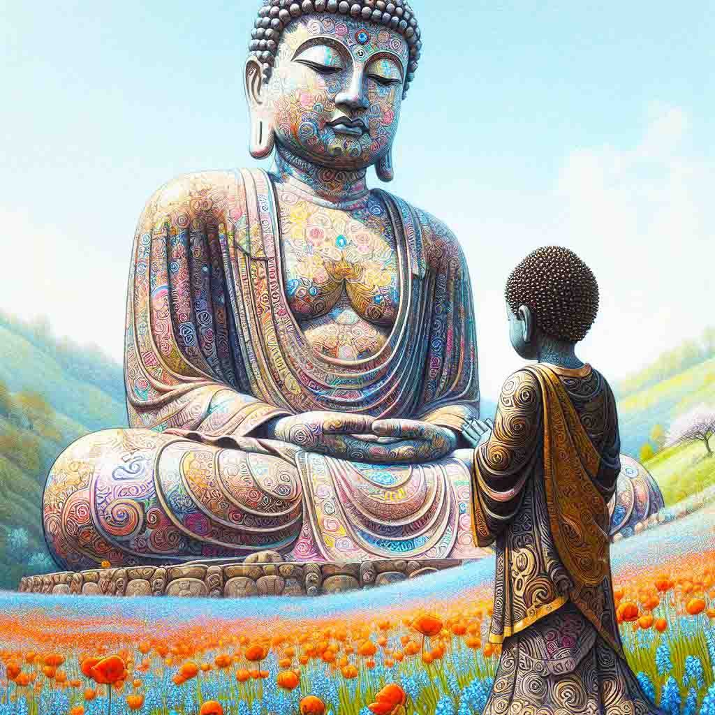 A giant sized Buddha statue against a beautiful backdrop of mountains. There are rows of colourful poppies & bluebells, trees & a patterned young Buddha child.  AI Art, spiritual, pray, meditates, wallpapers
