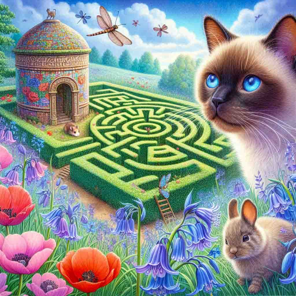 ,A Siamese cat beside a giant maze. There are flowers, rabbits & butterflies. cat, cats, siamese cat, rabbits, maze, wallpapers