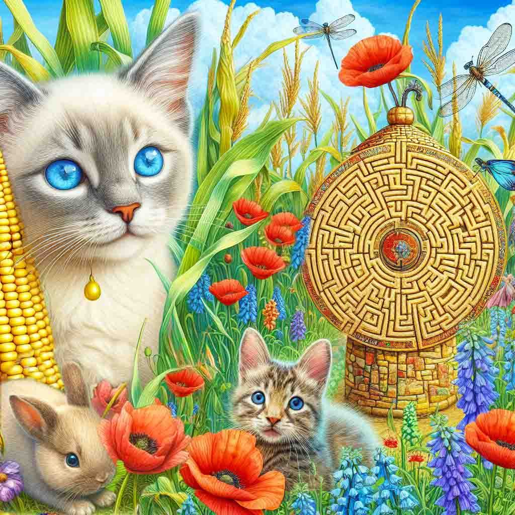 A Siamese cat beside a giant maze. There are flowers, kittens, rabbits & butterflies. AI Art, cats, kittens, maze, art, wallpapers