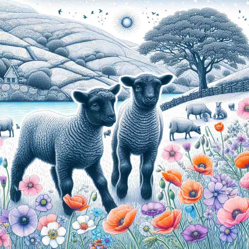 Lambs in a field with a lake & poppies.  AI Art, Fantasy Art Wallpapers