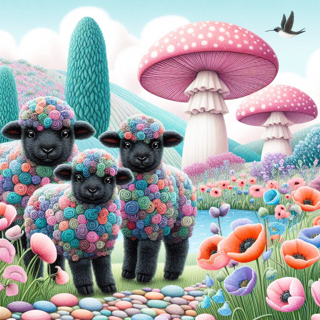 Cute black lambs in a whimsical world full of giant toadstools flowers & humming birds. AI Art, lamb, lambs, whimsical, toadstools, wallpapers