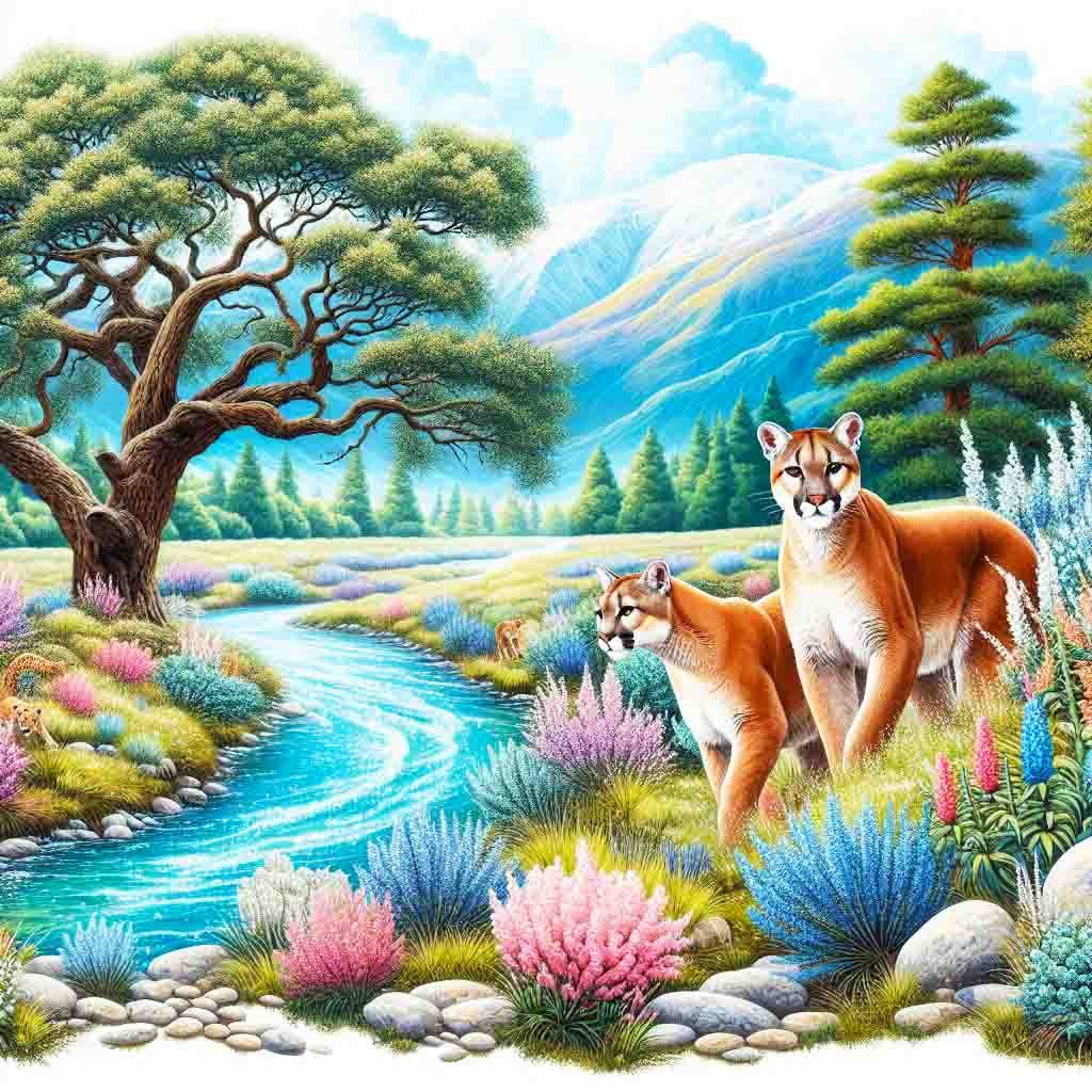 .A Puma beside a sparkling blue river with colourful shrubs, trees, mountains & an eagle soars in cloudy blue sky. AI Art, pumas, rivers, wild animals, nature,Fantasy Art Wallpapers