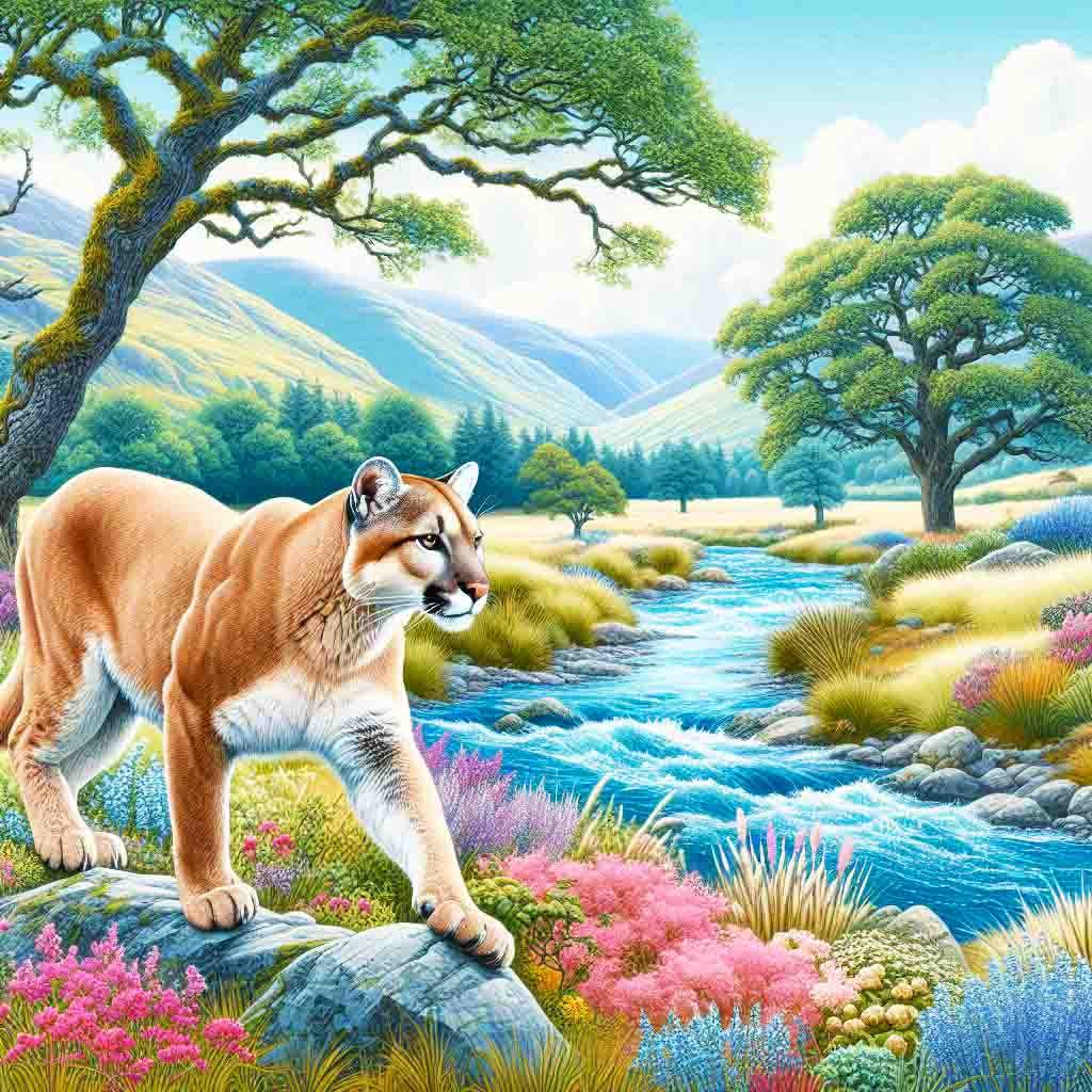 .A Puma beside a sparkling blue river with colourful shrubs, trees, mountains, puma, wild animals, rivers, nature  Fantasy Art Wallpapers