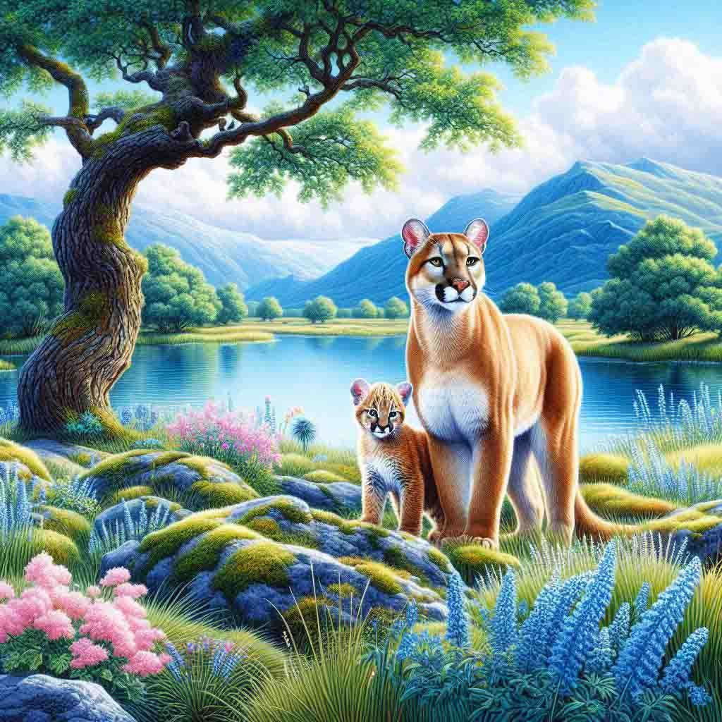 ,Pumas beside a sparkling blue river with colourful shrubs, trees, mountains & an eagle soars in cloudy blue sky. AI Art, puma, puma cub, wild animals, nature,  Fantasy Art Wallpapers