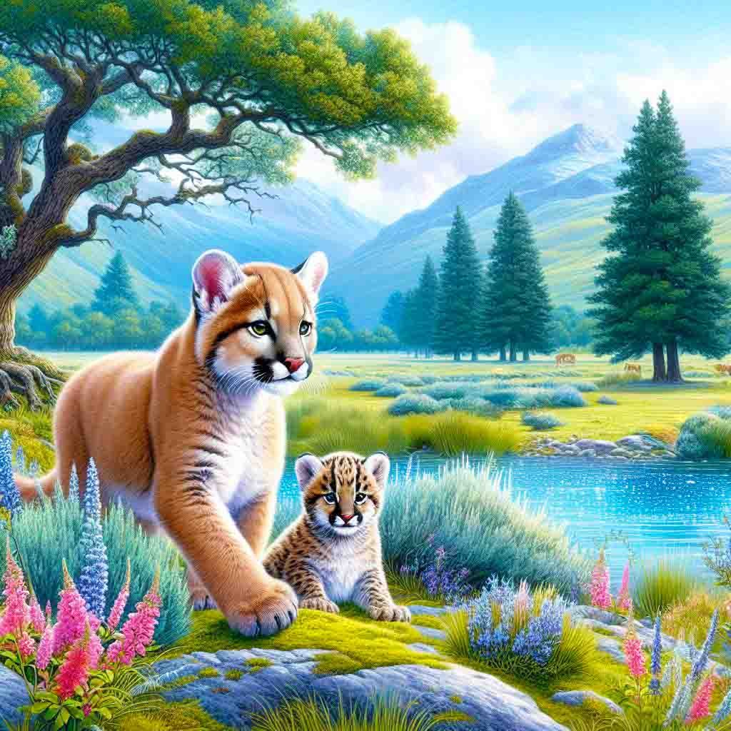 .Pumas beside a sparkling blue river with colourful shrubs, trees, mountains & an eagle soars in cloudy blue sky. AI Art, pumas, animals, nature,  Fantasy Art Wallpapers