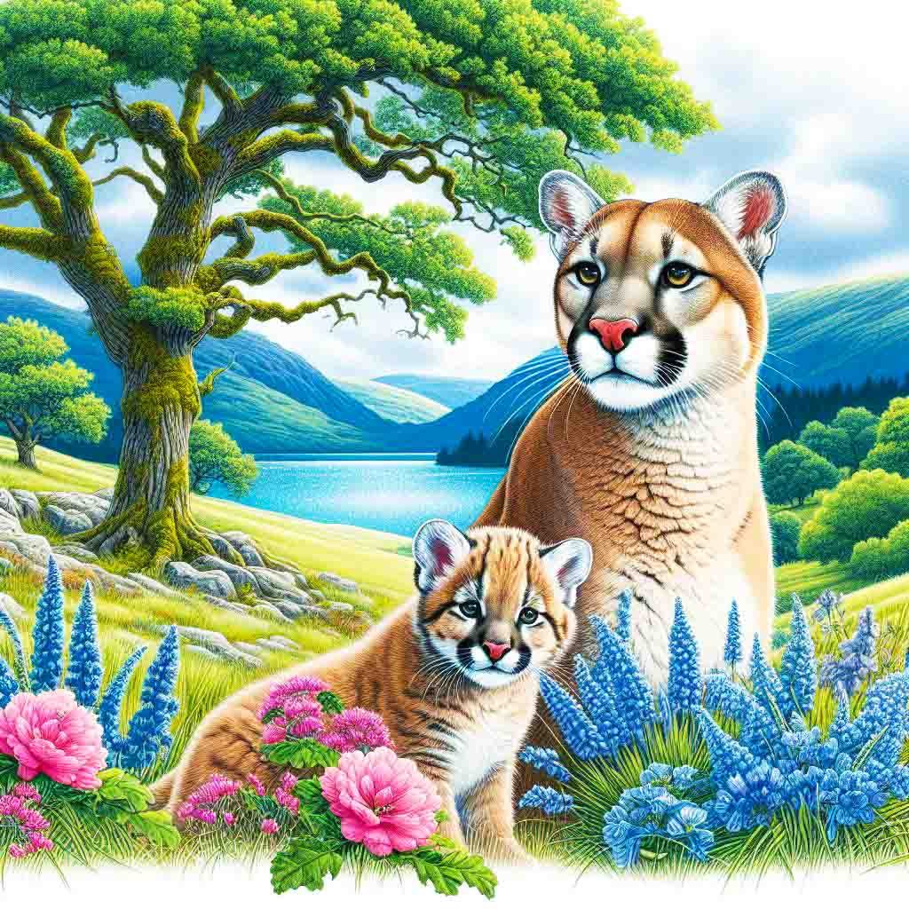 Pumas beside a sparkling blue river with colourful shrubs, trees, mountains & an eagle soars in cloudy blue sky. AI Art, pumas, wild animals, nature, Fantasy Art Wallpapers